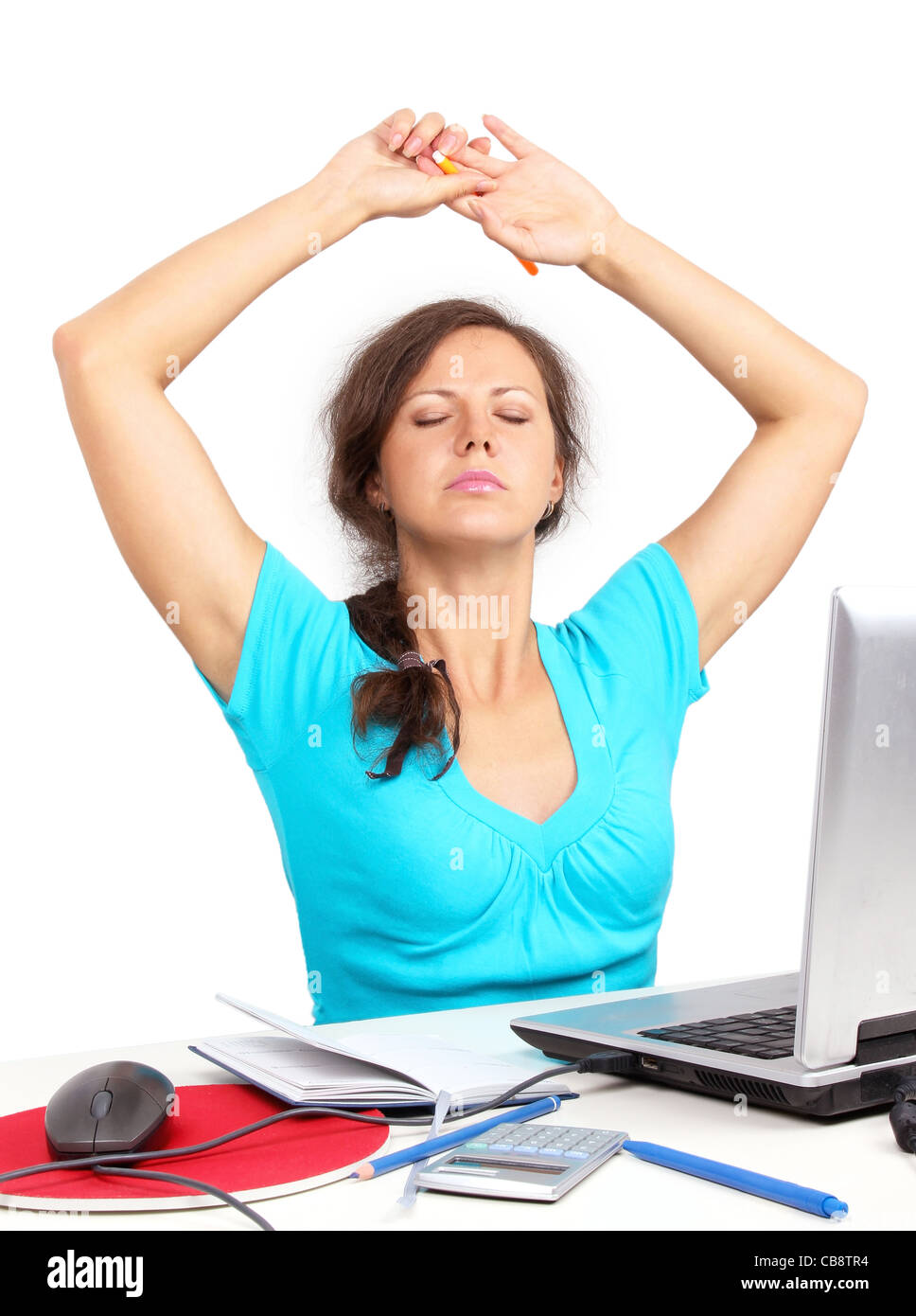 Müde Frau sitzt im Büro ausdehnen Stockfoto, Bild 41377032 Alamy