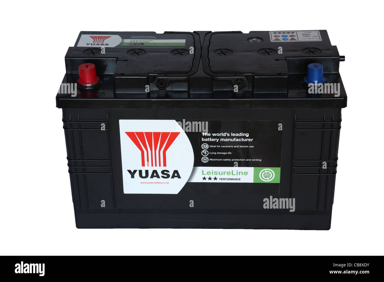 Yuasa Blei Säure Freizeit Batterie im Wohnwagen und Wohnmobile, die isoliert auf weißem Hintergrund Stockfoto