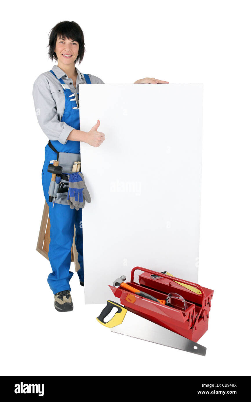 weiblichen Handwerker mit Werkzeugkiste und White board Stockfoto