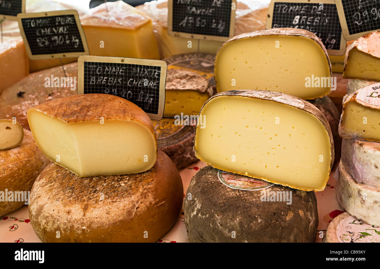 Französischer Käse auf Markt St Chinian France Stockfoto