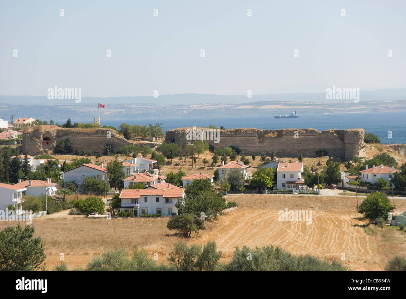 Mit Blick auf V Beach und Seddulbahir Festung auf Helles auf der Halbinsel Gallipoli 1915 im ersten Weltkrieg angegriffen Stockfoto