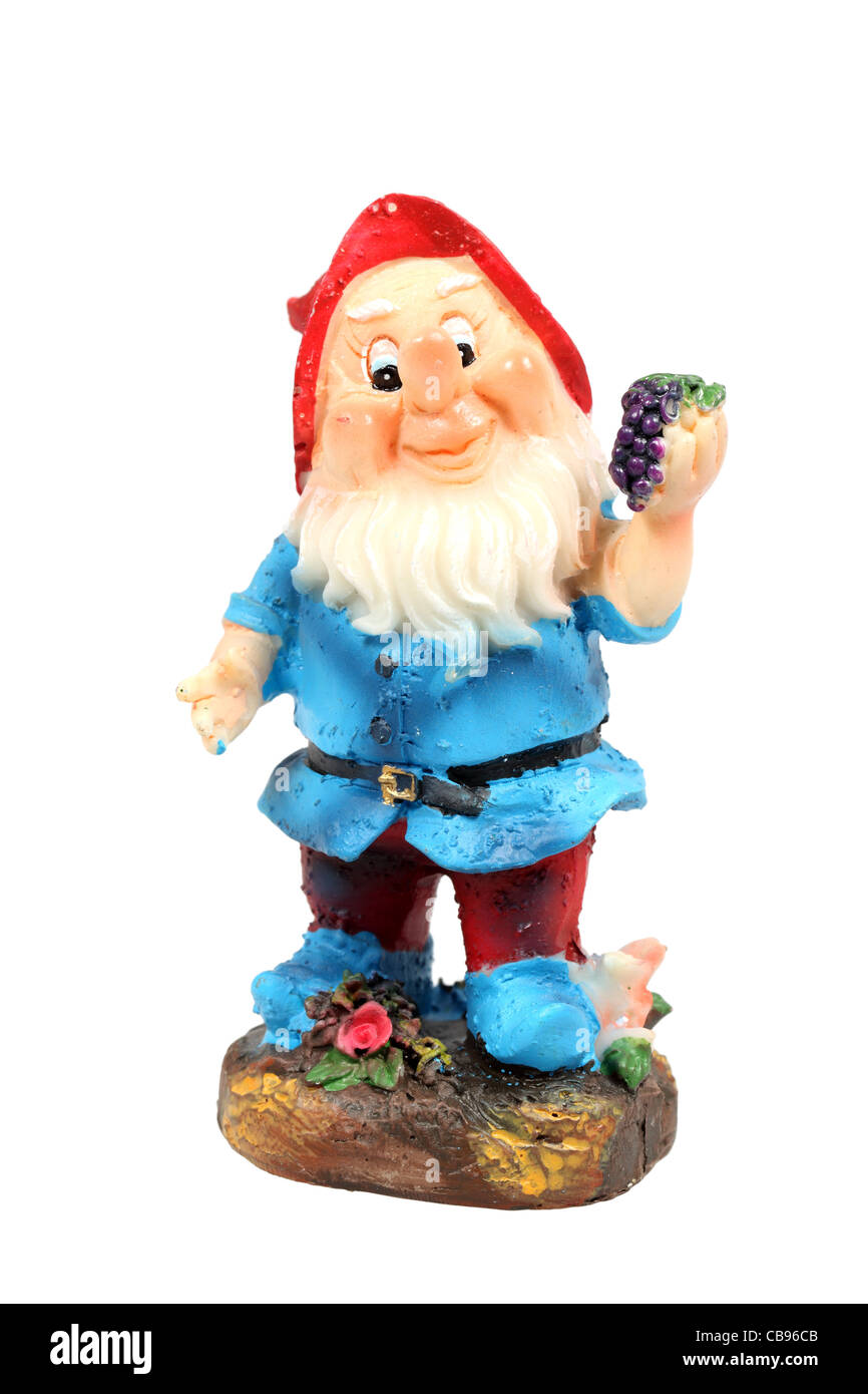 Zwerg - Gartenzwerg Figur weiß mit Beschneidungspfad isoliert. Stockfoto