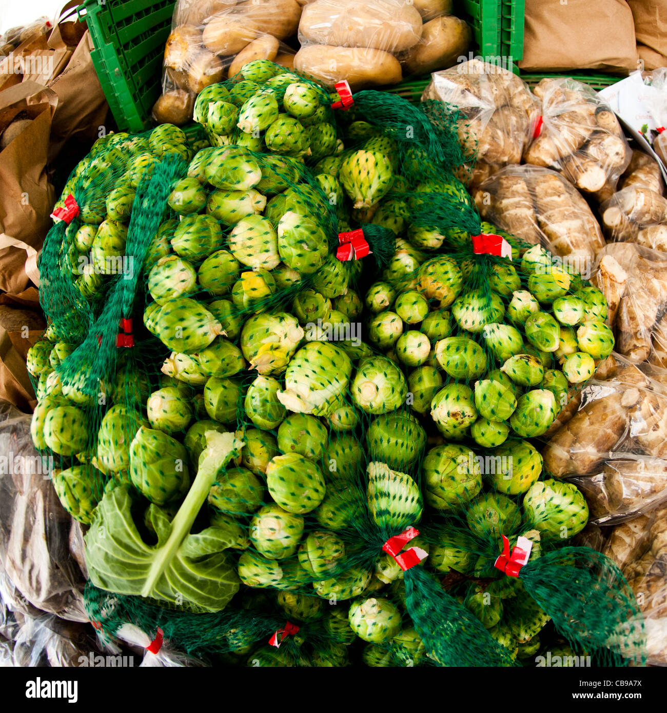 Säcke mit frischen lokal angebauten Bio Rosenkohl auf einen Stall in einen Bauernmarkt, wales, UK Stockfoto