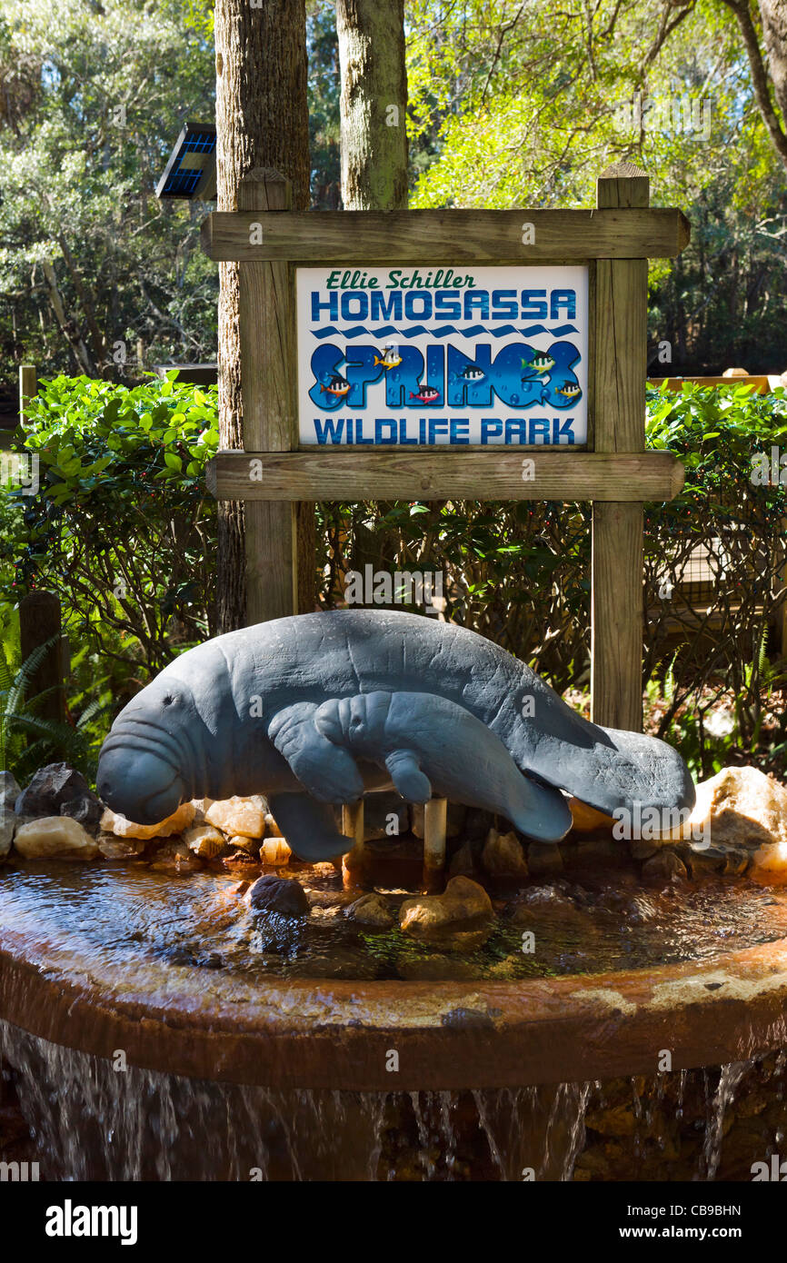 Seekuh-Brunnen am Eingang zum Homosassa Springs State Wildlife Park, Homosassa, Golfküste, Florida, USA Stockfoto