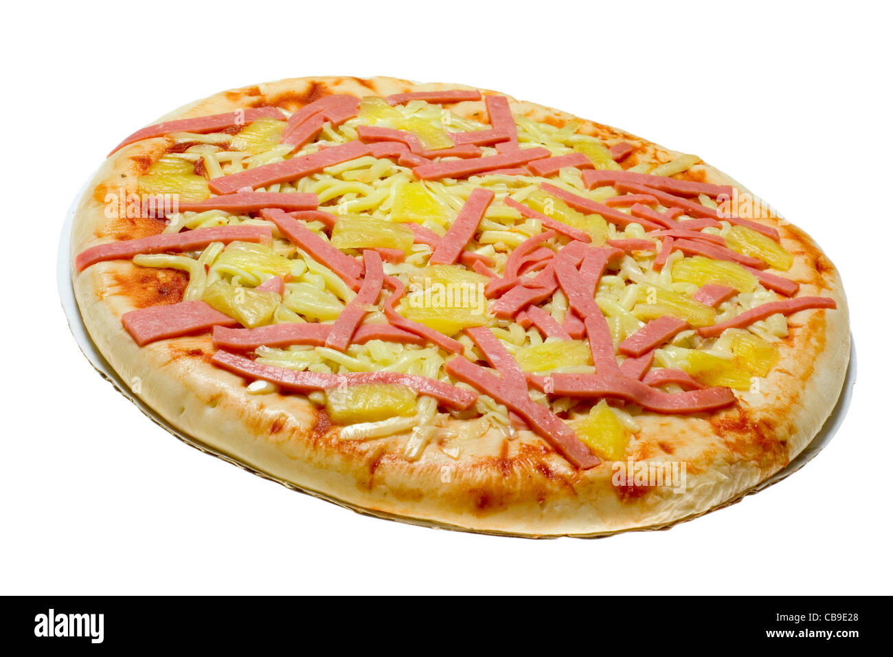 Rohem Schinken und Ananas Pizza isoliert auf weißem Hintergrund Stockfoto