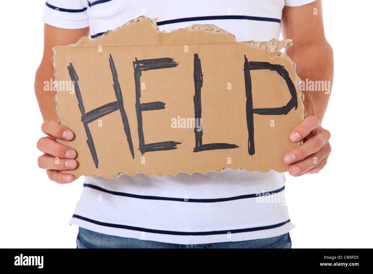 Männliche Person mit Karton Schild mit dem Begriff Hilfe. Alle auf weißem Hintergrund. Stockfoto
