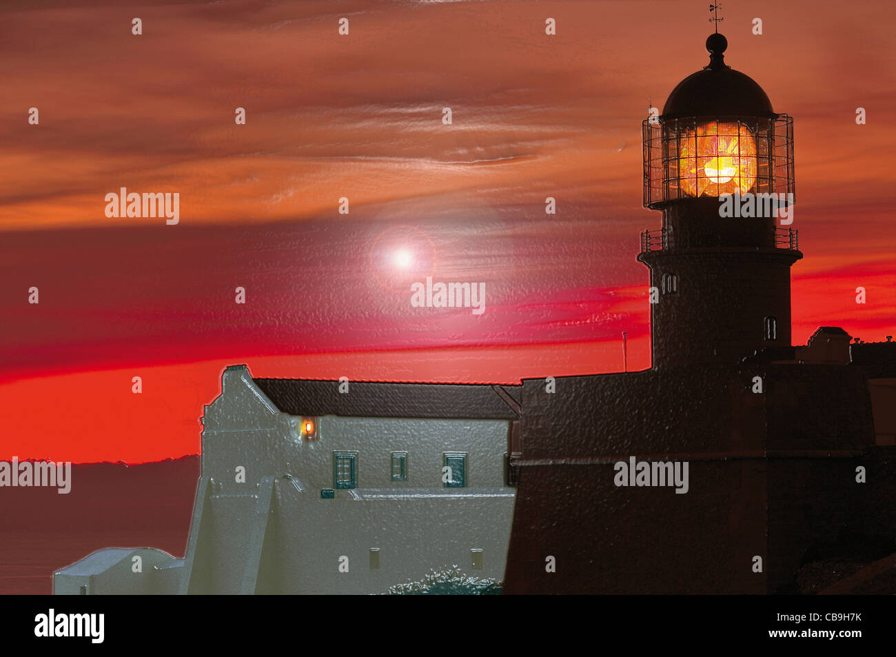 Portugal, Algarve: Sonnenuntergang am Leuchtturm Cabo Sao Vicente als HDR-Bild mit photofilter Stockfoto