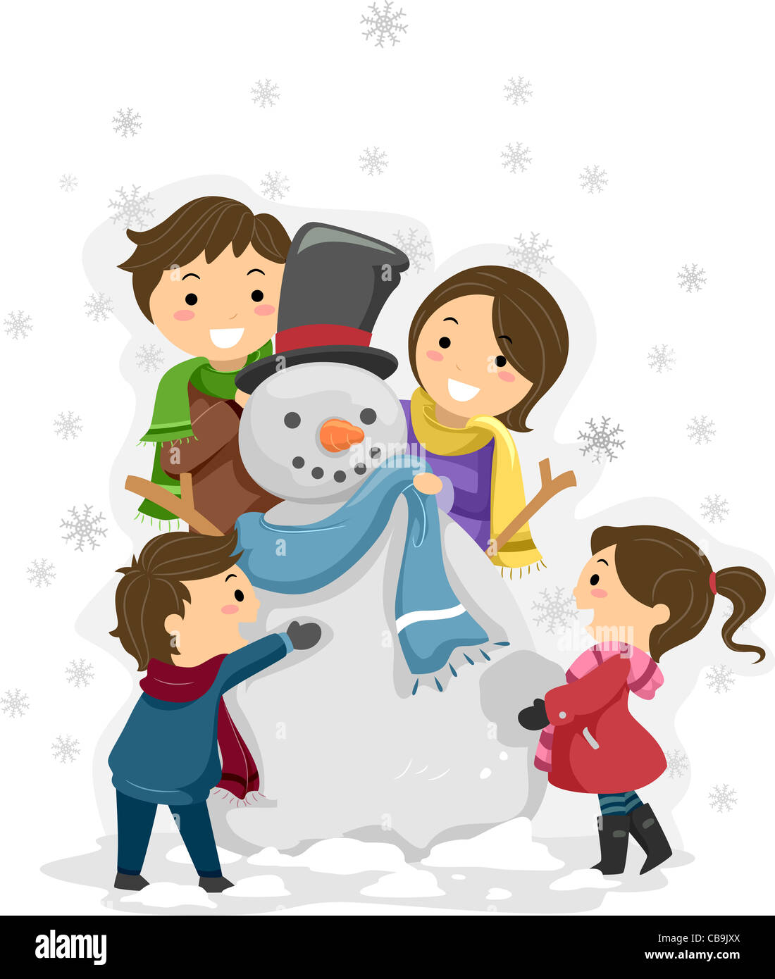 Beispiel für eine Familie mit einem Schneemann spielen Stockfoto