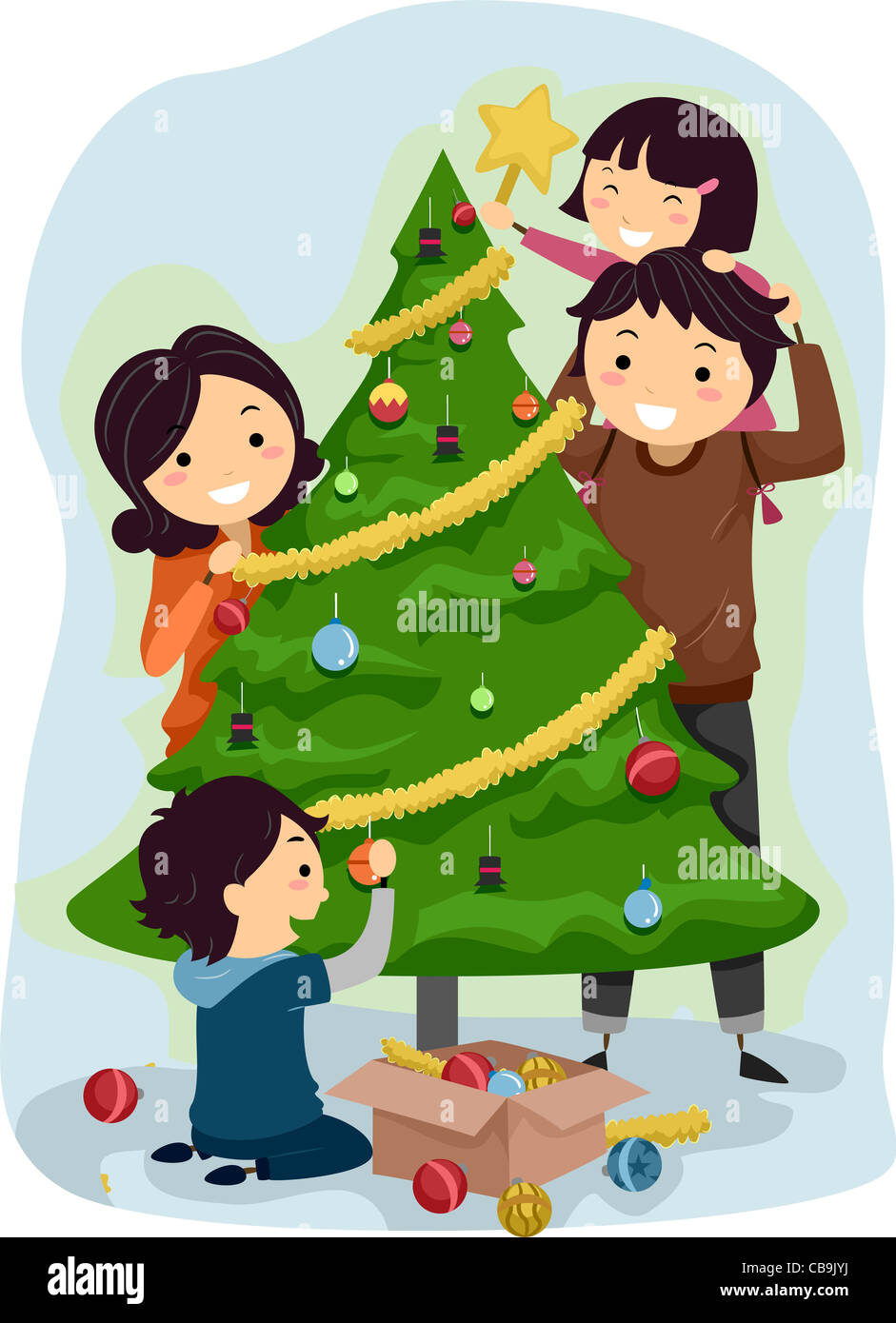 Abbildung einer Familie einen Weihnachtsbaum Dekoration Stockfoto