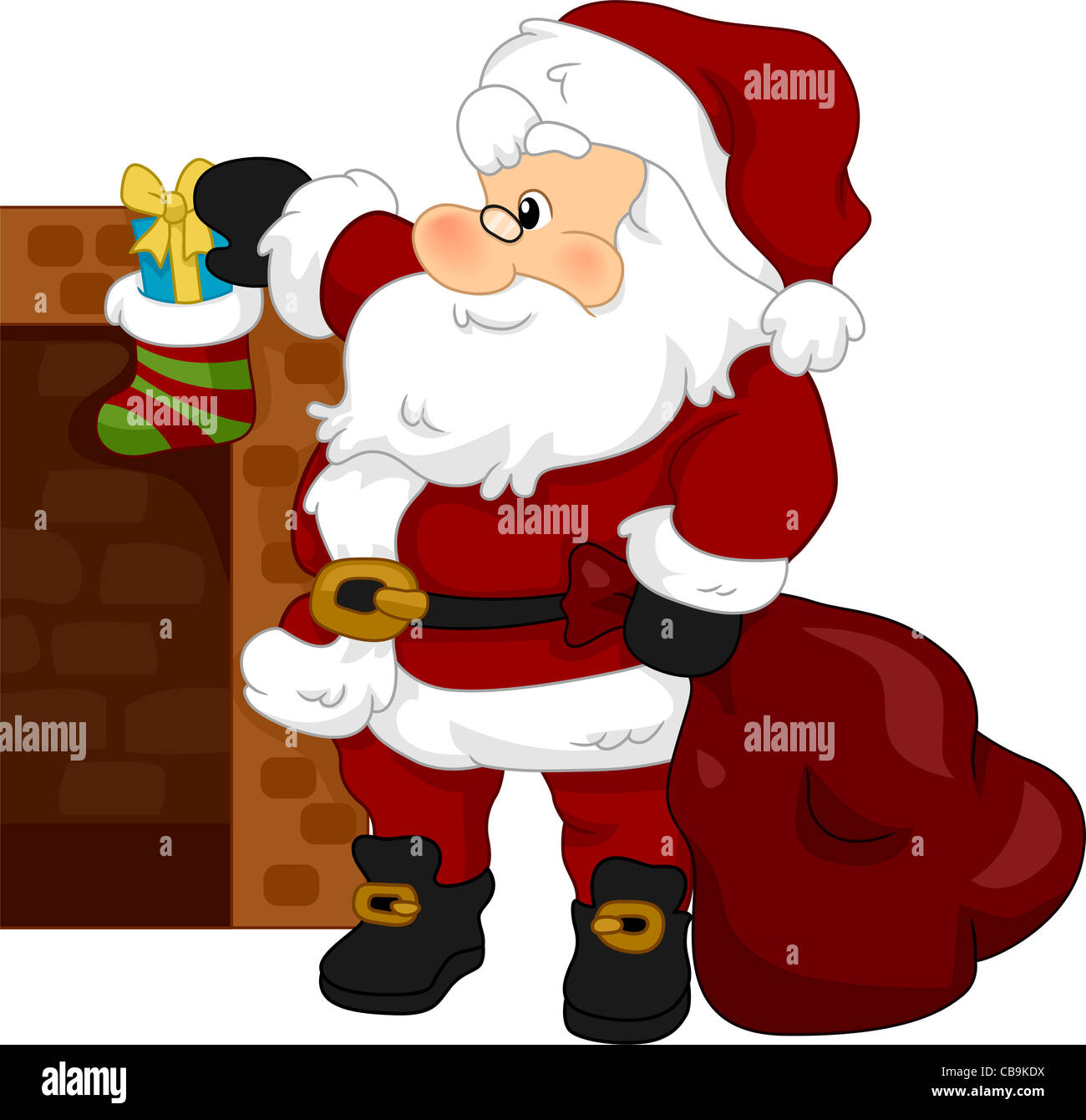 Abbildung von Santa Claus, ein Geschenk auf ein Weihnachts-Strumpf Stockfoto