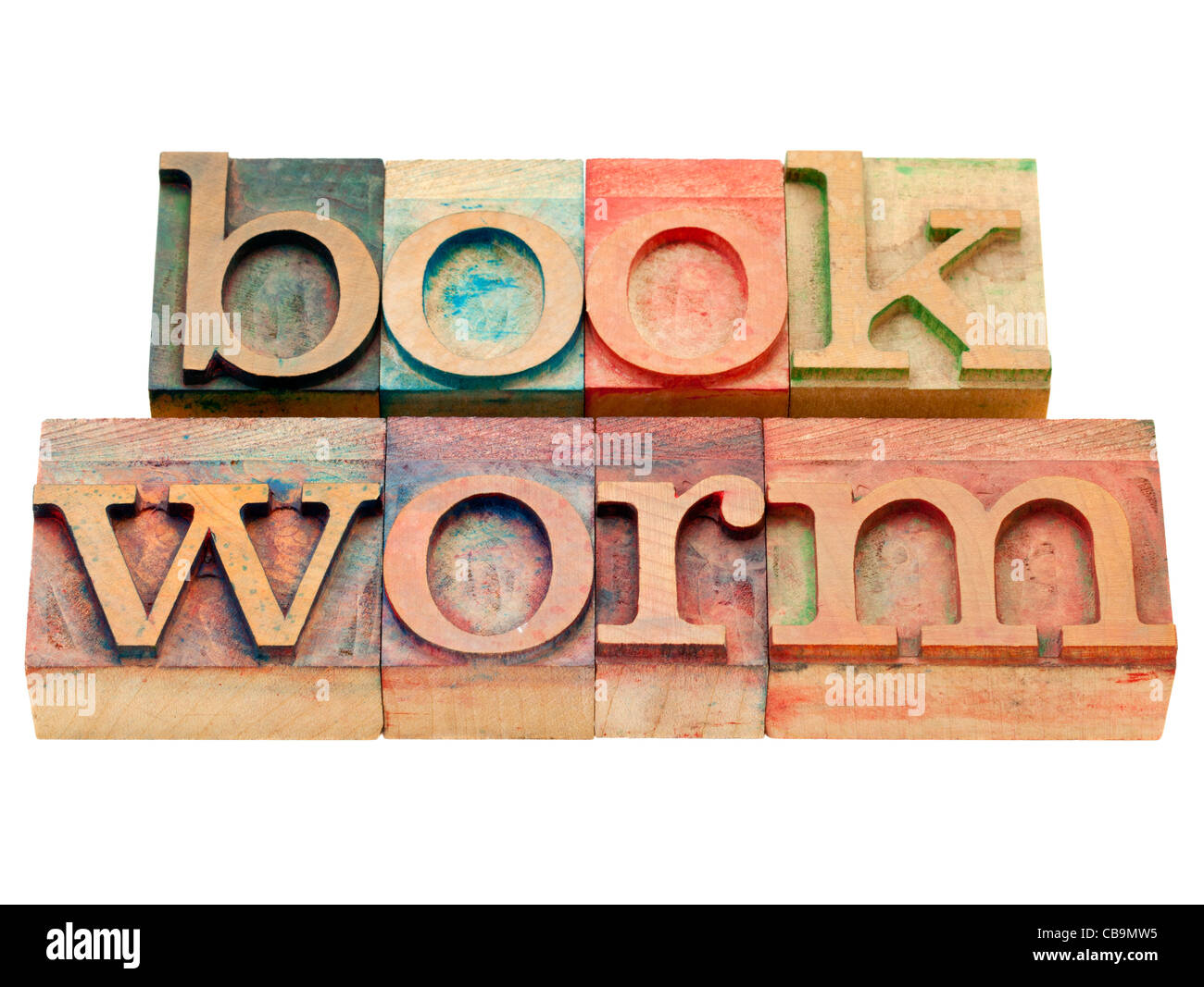 Bücherwurm - isolierten Text in Vintage Holz Buchdruck Druckstöcke Stockfoto