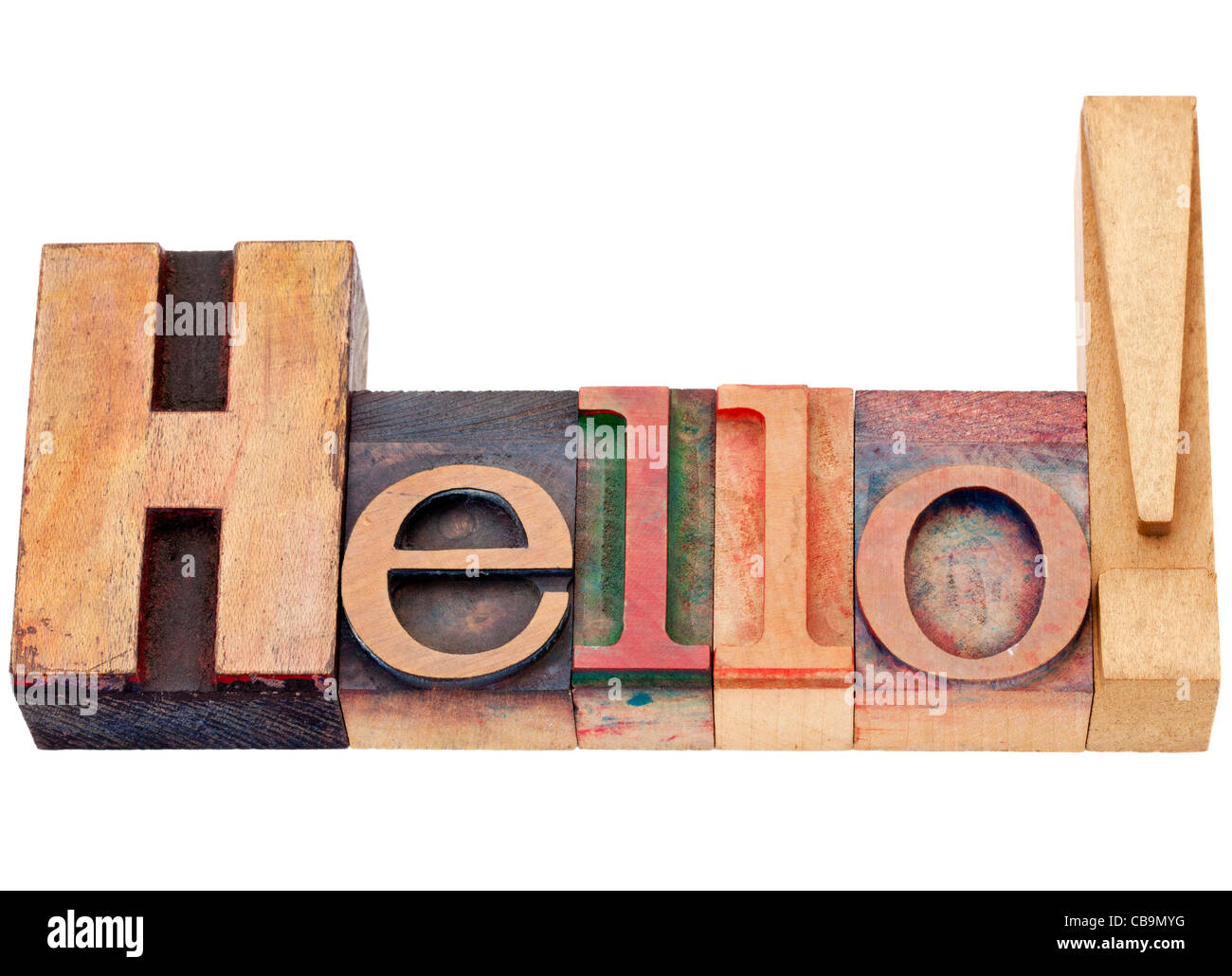 Hallo Ausrufezeichen in isolierten Vintage Holz Buchdruck Blöcke Stockfoto