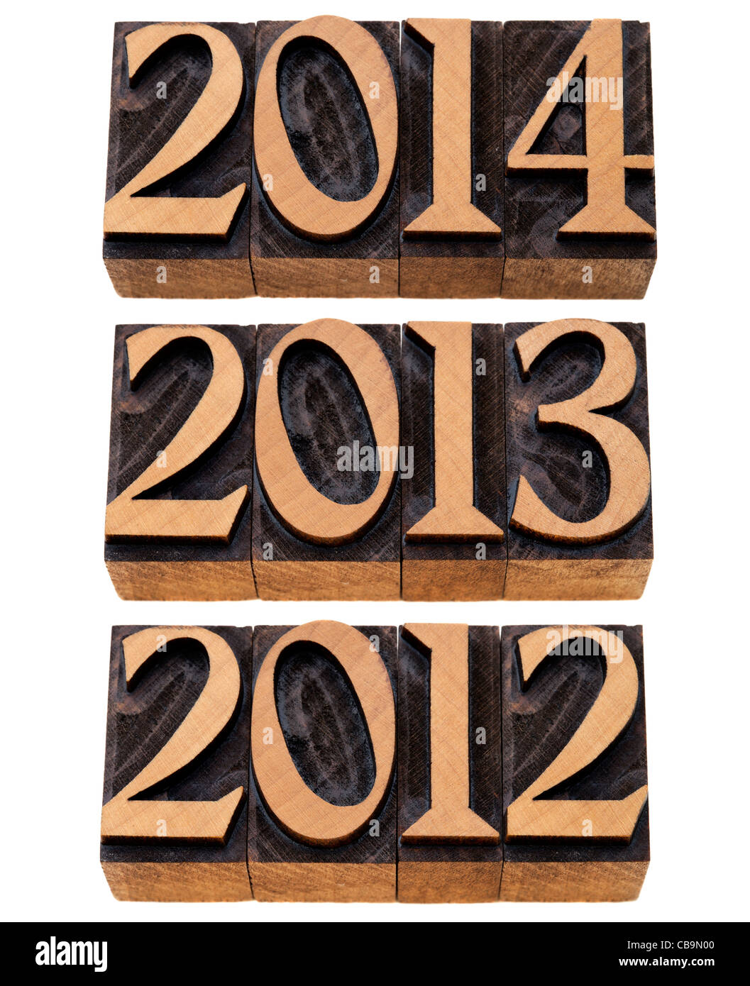 eingehenden Jahren 2012, 2013, 2014 - isolierte Zahlen in Vintage hölzernen Druckstöcken Stockfoto