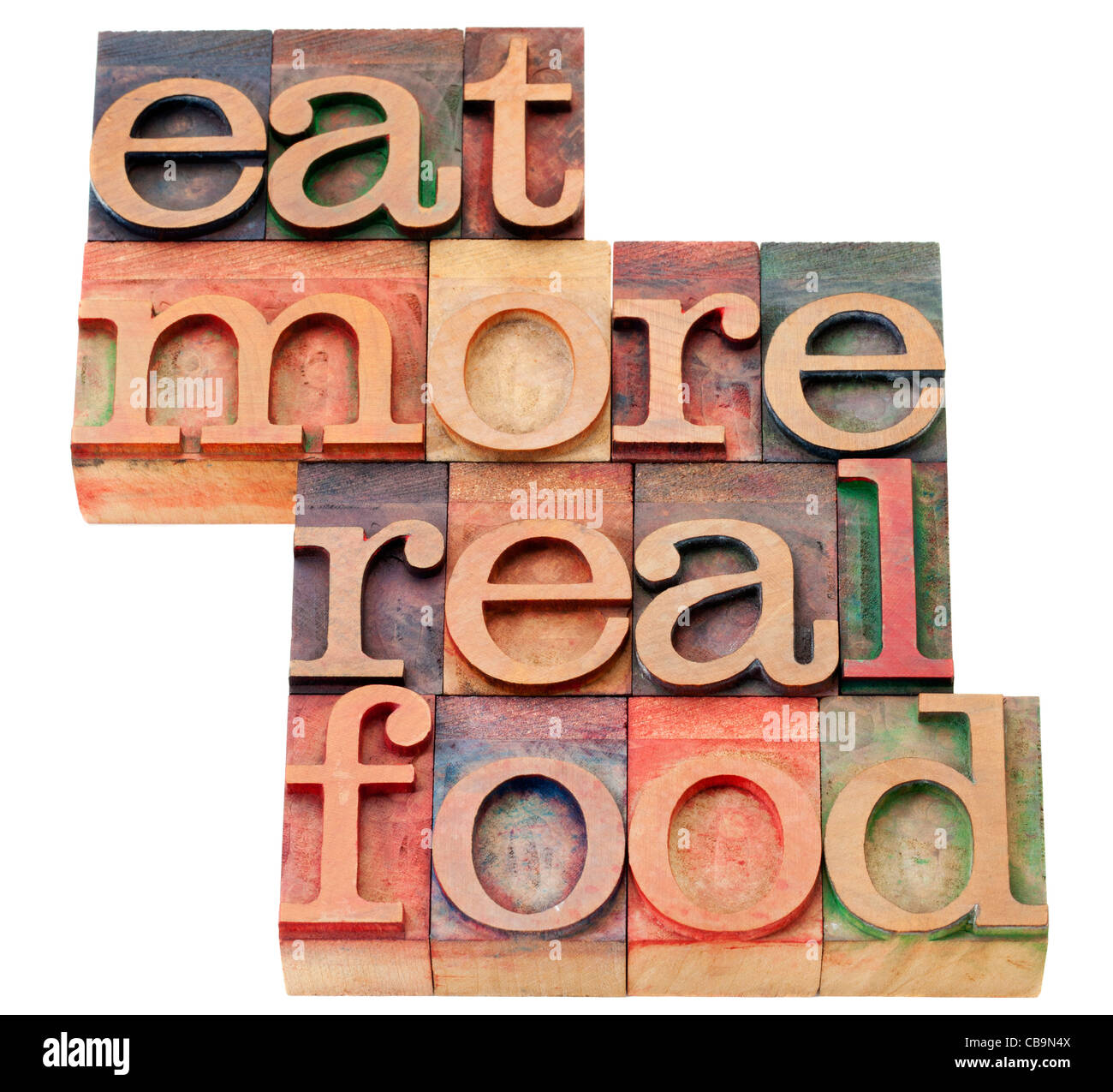 Essen Sie essen - gesunde Lifestyle-Konzept - isoliert mehr Klartext in Vintage Holz Buchdruck Druckstöcke Stockfoto
