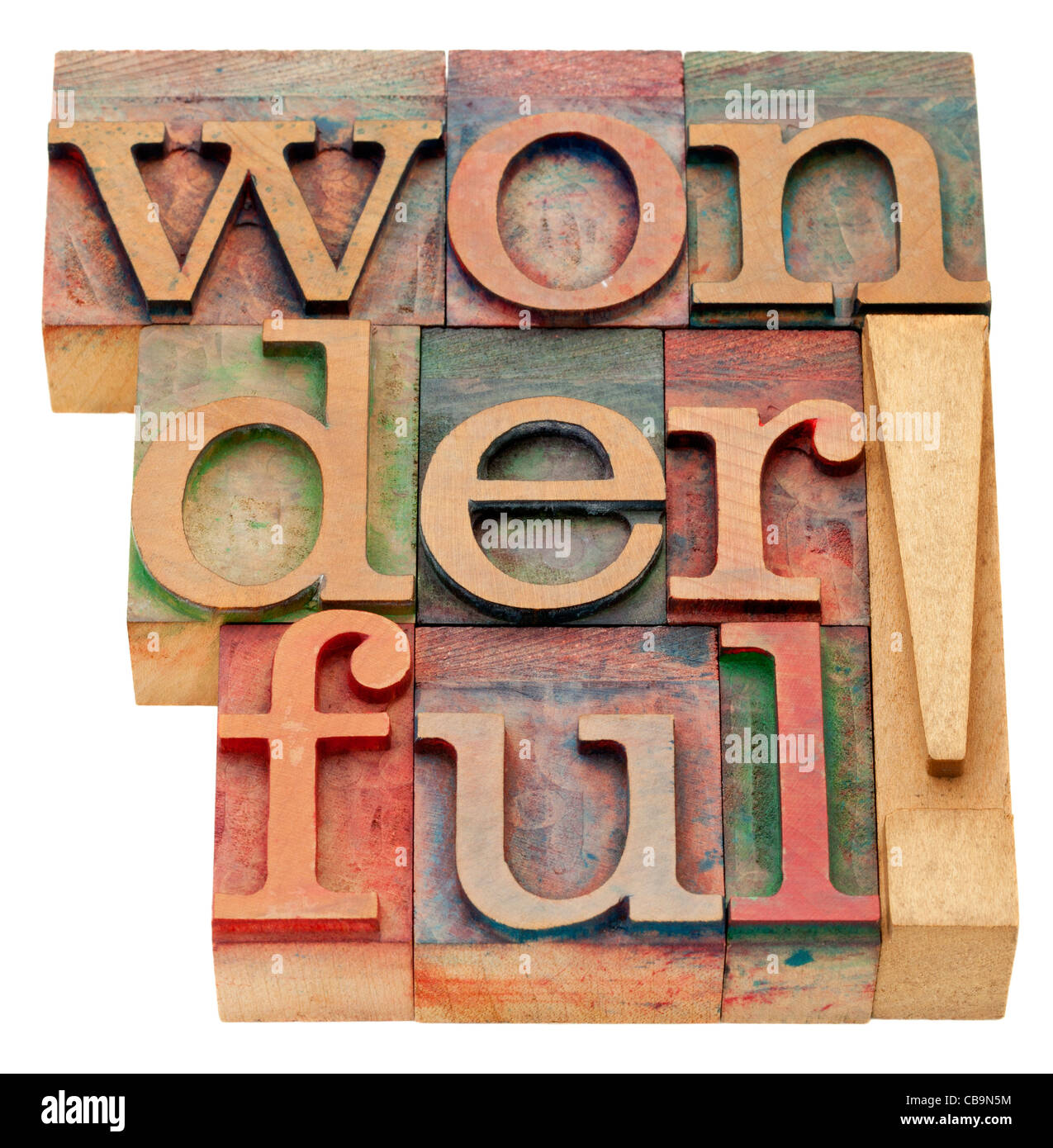 wunderbare Ausrufezeichen - eine isolierte Wort in Vintage Holz Buchdruck Druckstöcke Stockfoto