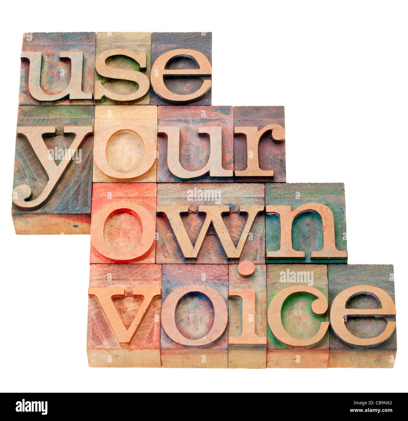 Verwenden Sie Ihre eigene Stimme Beratung - isolierten Text in Vintage Holz Buchdruck Druckstöcke Stockfoto