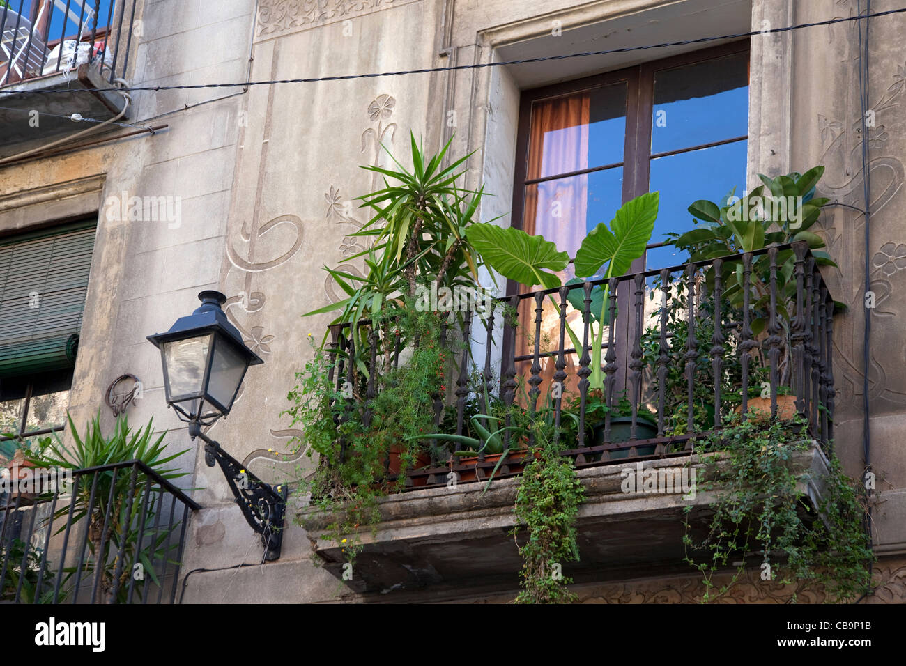 Balkon Garten mit Palmen im Barri Gòtic / gotische Viertel in Barcelona, Spanien Stockfoto