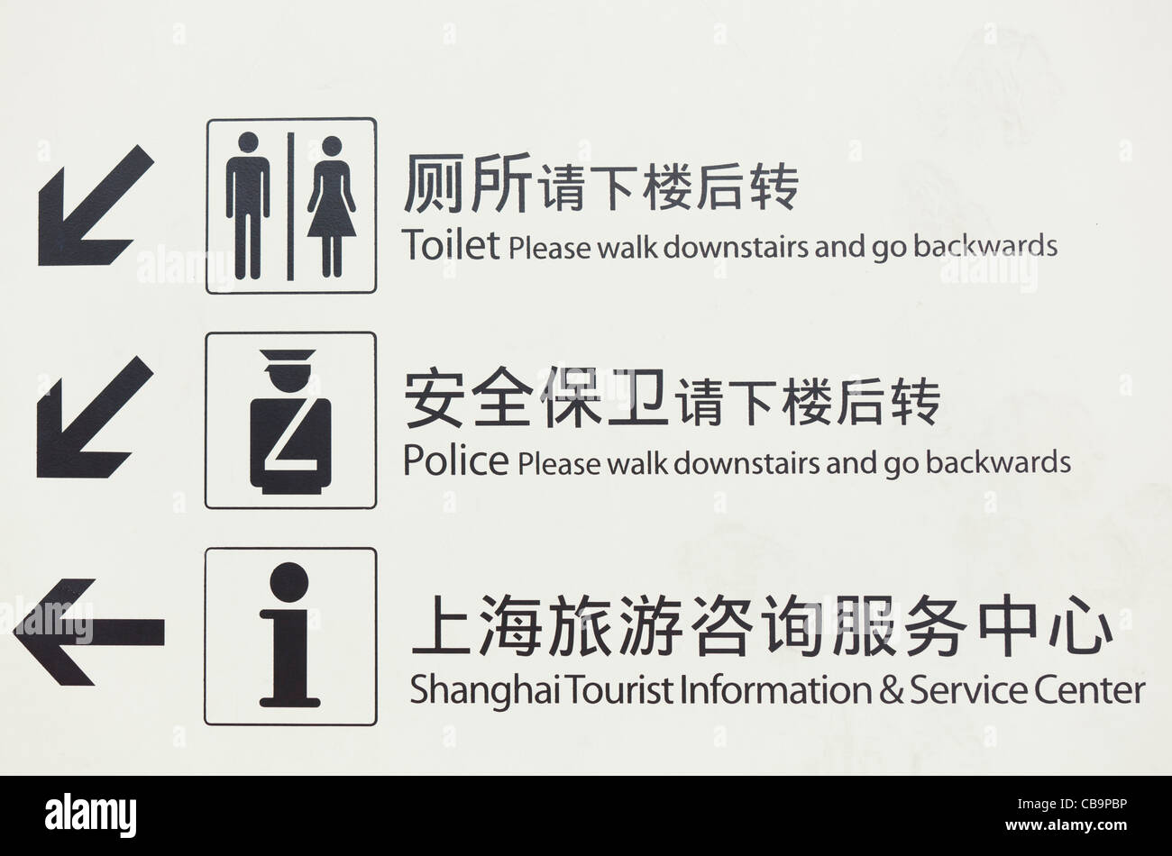 verwirrende Schilder in shanghai Übersetzungen aus dem chinesischen ins englische zweisprachige Hinweise Stockfoto