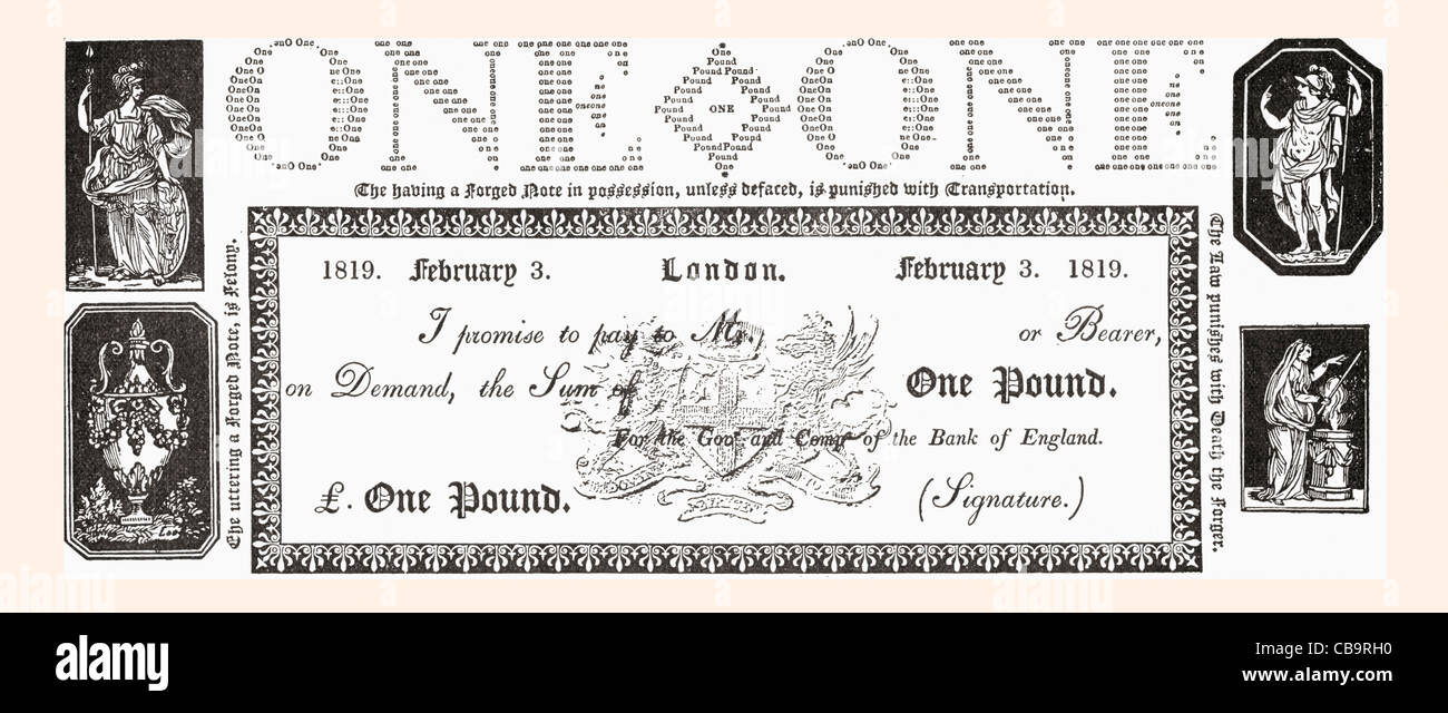 Ein 1819 Englisch ein-Pfund-Note. Stockfoto