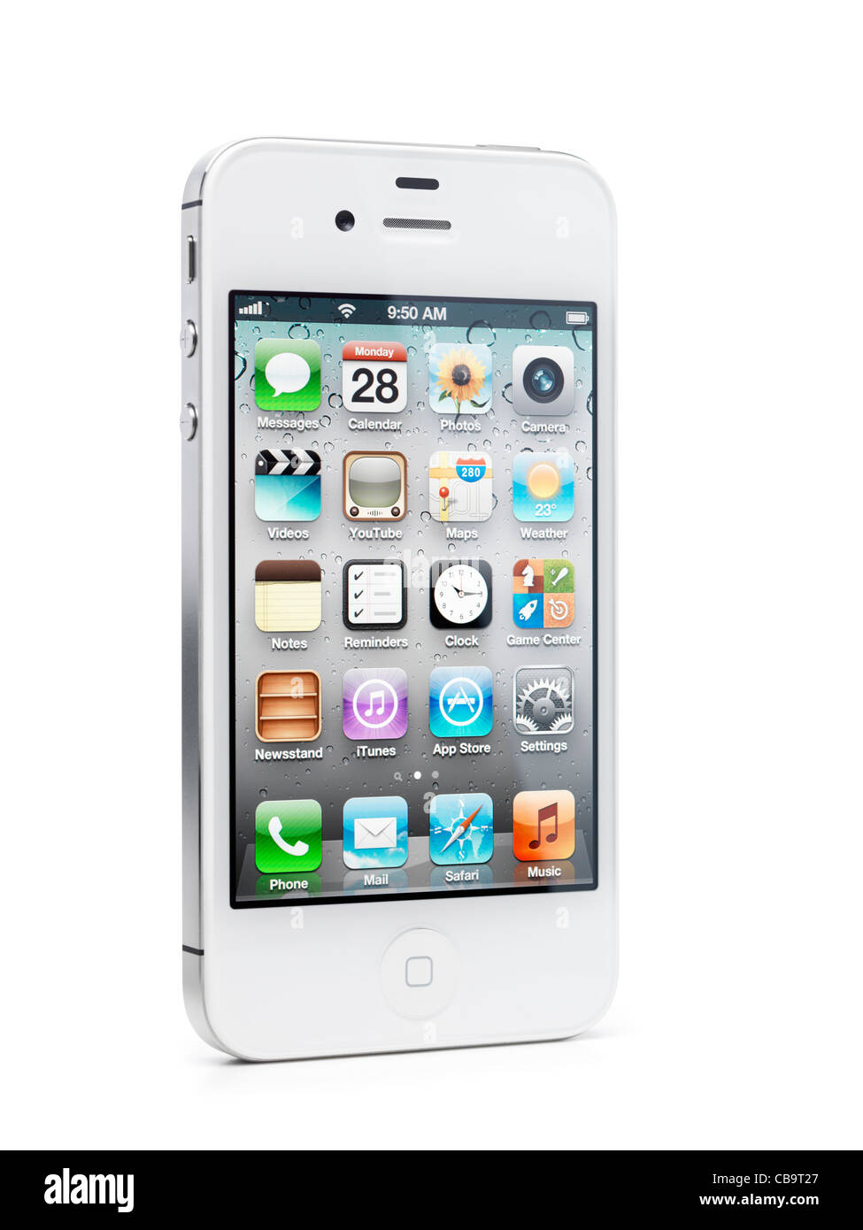 Weiße Apple-Smartphone iPhone 4 s mit Desktop-Symbole auf der Anzeige stehen in einem Winkel. Isoliert auf weißem Hintergrund Stockfoto