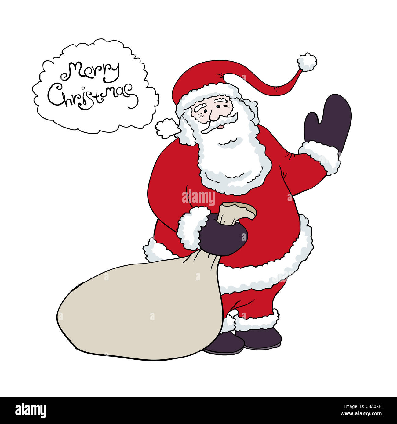 Weihnachtsmann einen Sack Geschenke Glückwünsche sagt im Ballon. Vektor-Illustration, eps8. Stockfoto