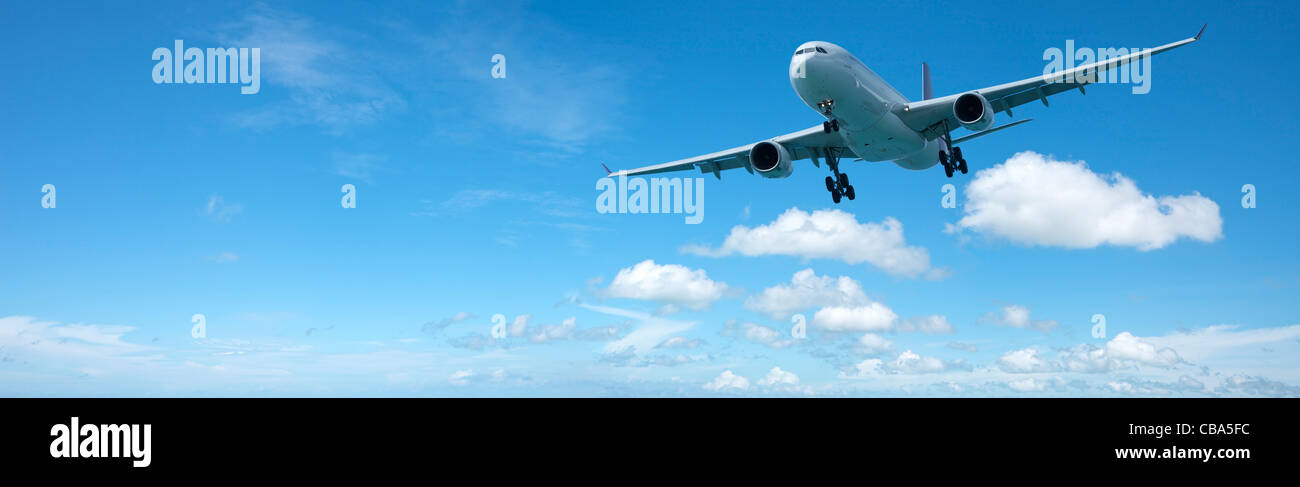 Jet-Flugzeug im Flug. Panorama-Komposition in hoher Auflösung. Stockfoto