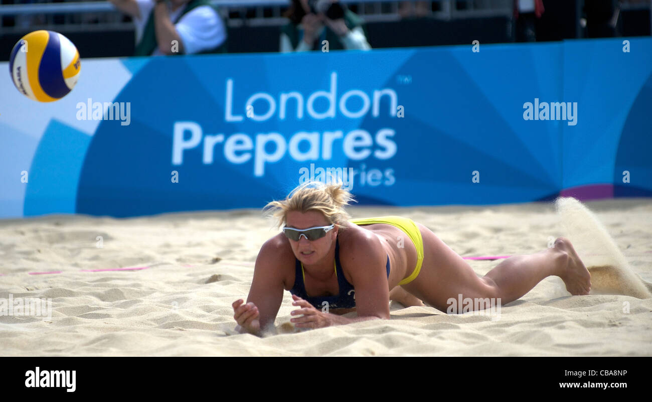 14.08.2011. London, England. Lucy Boulton von Großbritannien in Aktion während des LOCOG Test-Events für London 2012 - VISA FIVB werden Stockfoto