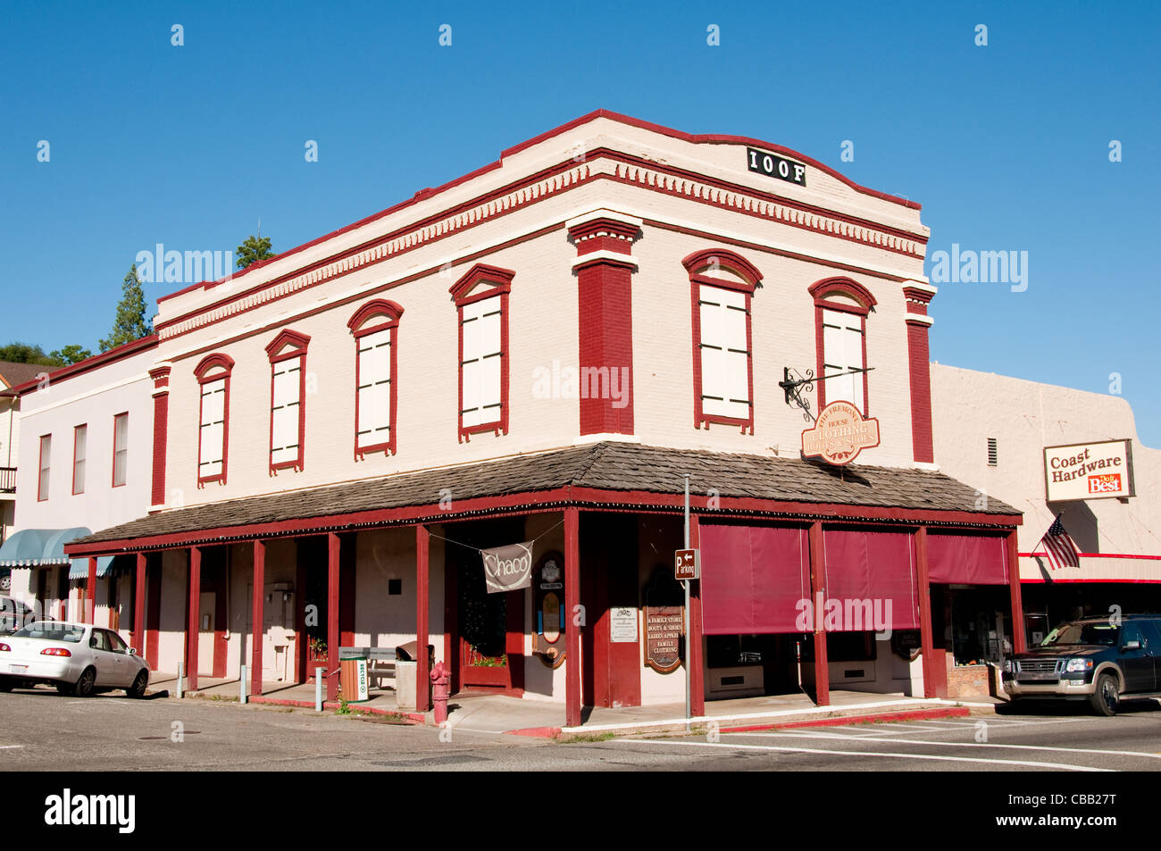 Historische Gebäude in der Innenstadt, Mariposa; Kalifornien, USA. Foto Copyright Lee Foster. Foto # california121545 Stockfoto