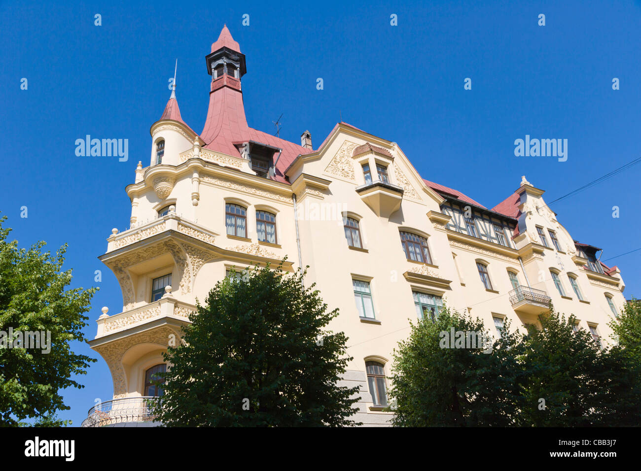 Büro- und Wohngebäude von Konstantins Peksens, Albert Street, Jugendstil-Viertel, Eizens Laube, Riga, Lettland Stockfoto