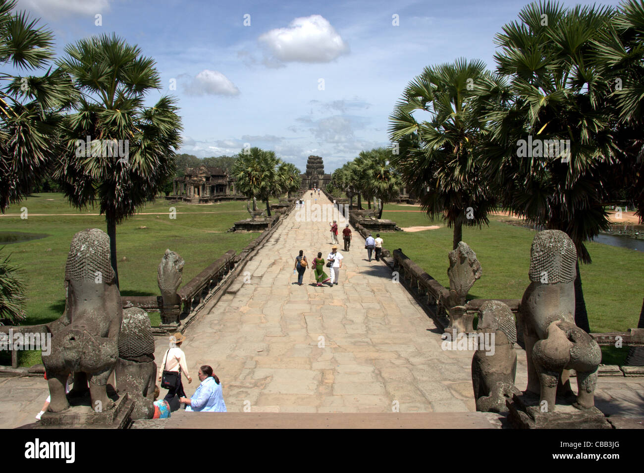 Löwen-Statuen flankieren die Treppe zum Palmen gesäumten Promenade am Angkor Wat, Siem Reap, Kambodscha Stockfoto