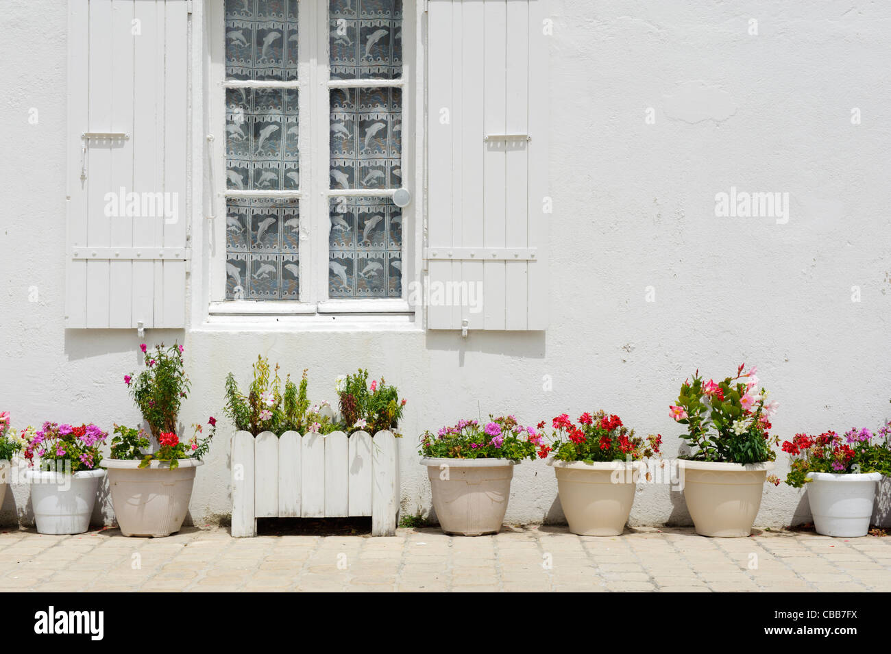 Stock Foto von Blumentöpfen vor einem weißen Mauern umgebene Haus Stockfoto