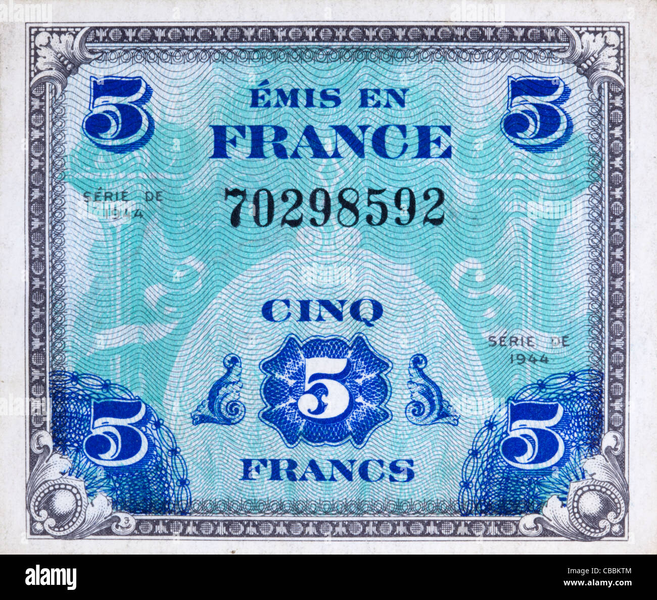 Vorderseite der 1944 zusätzliche französische Francwährung verwendet durch die Alliierten Streitkräfte in Europa während des zweiten Weltkriegs Stockfoto