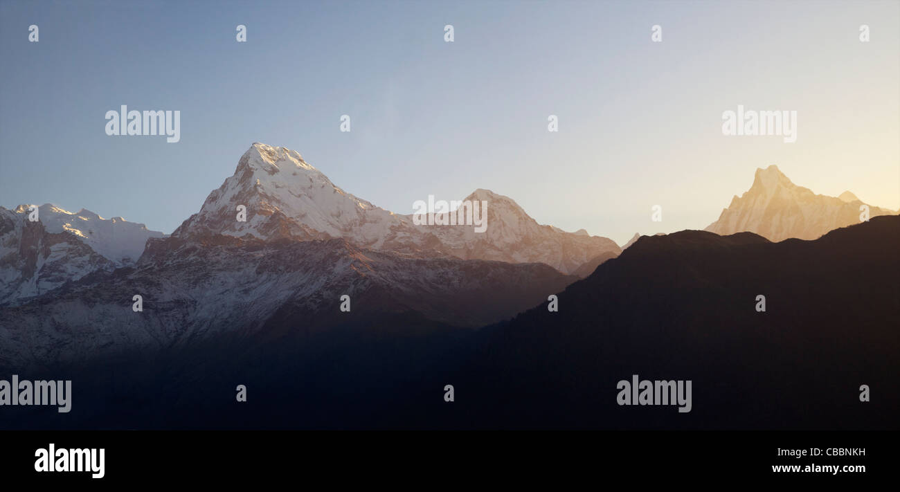 Zeigen Sie in der Morgendämmerung des Annapurna South aus Poon Hill, Annapurna Sanctuary Region, Himalaya, Nepal, Asien an Stockfoto