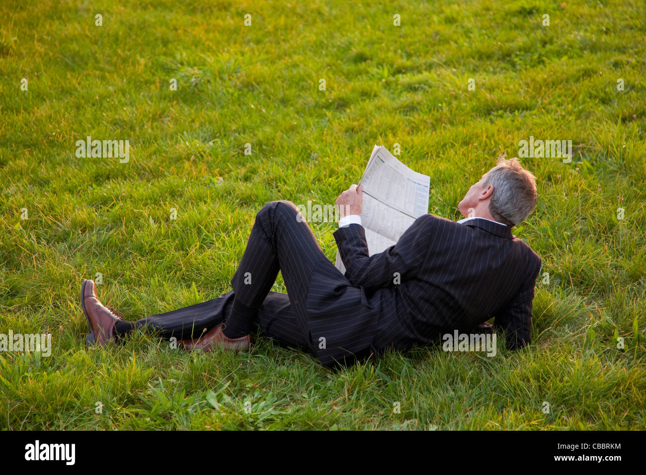 Geschäftsmann lesen Zeitung in Rasen Stockfoto