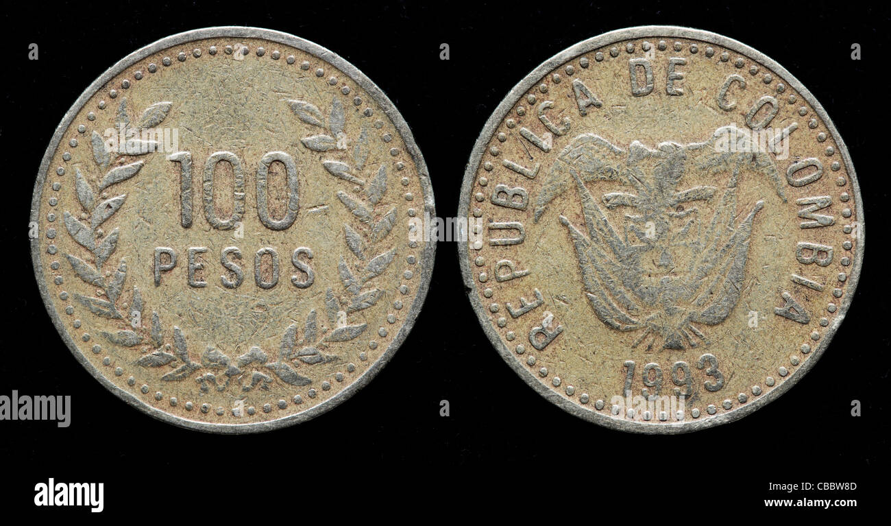 100 Pesos Münze, Kolumbien, 1993 Stockfoto