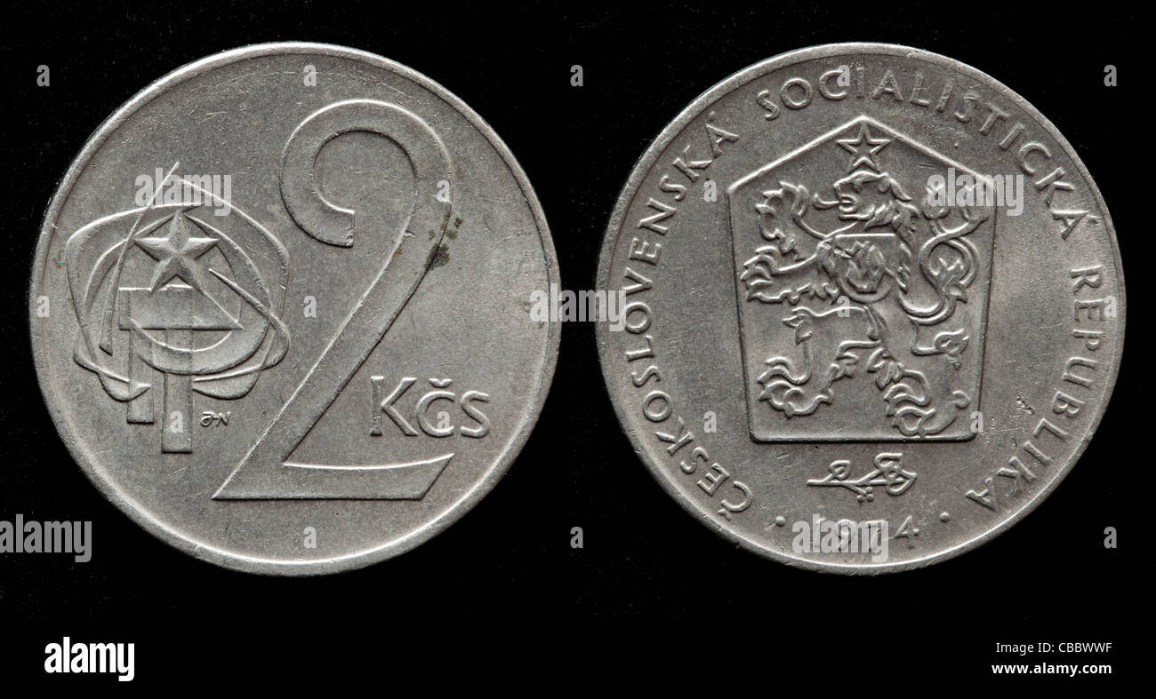 2 Koruny Münzen, Tschechoslowakei, 1974 Stockfoto
