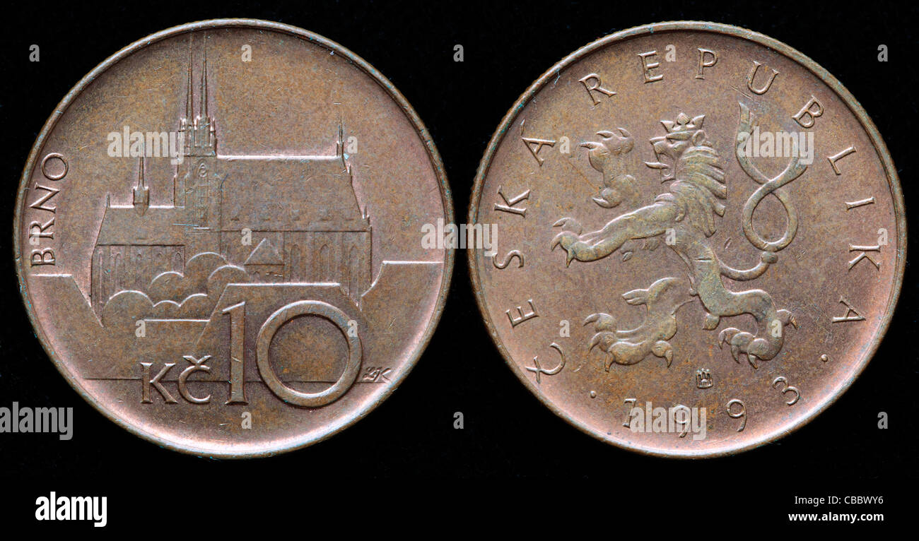 10 Korun Münzen, Tschechische Republik, 1993 Stockfoto