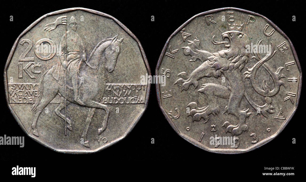 20 Korun Münzen, Tschechische Republik, 1993 Stockfoto