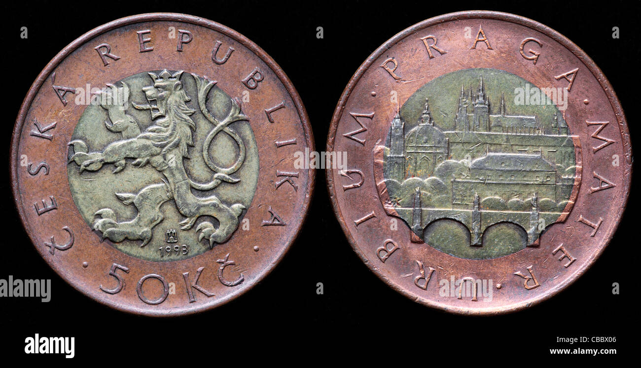 50 Korun Münzen, Tschechische Republik, 1993 Stockfoto