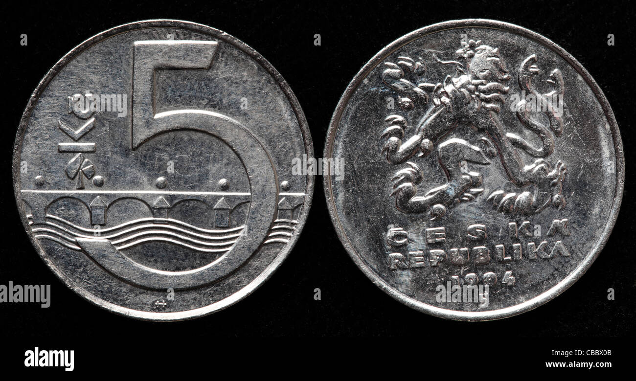 5 Korun Münzen, Tschechische Republik, 1994 Stockfoto