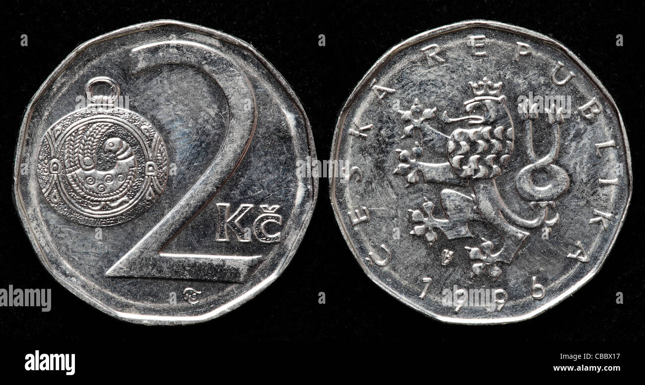 2 Korun Münzen, Tschechische Republik, 1996 Stockfoto