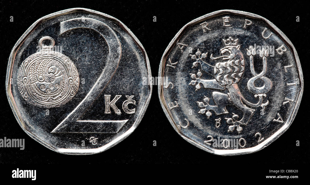 2 Korun Münzen, Tschechische Republik, 2002 Stockfoto