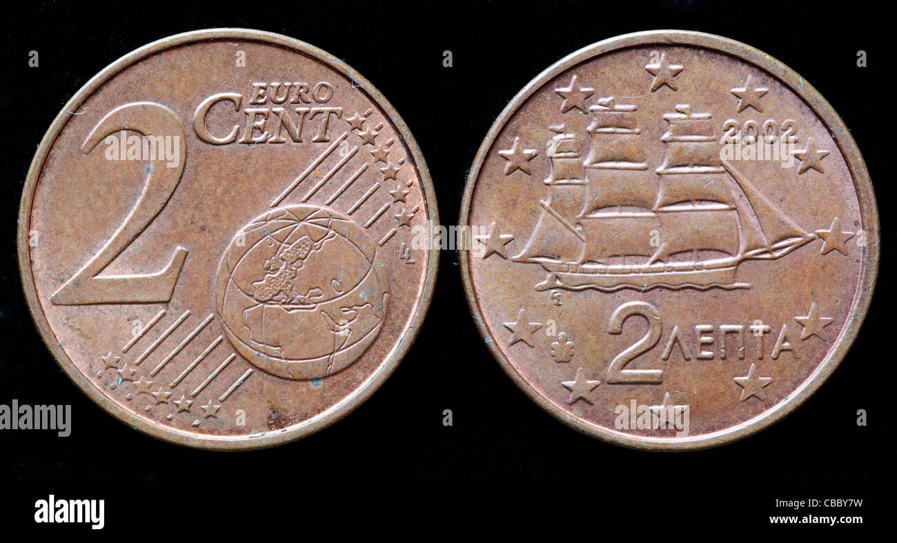 2 Euro-Cent-Münze, Griechenland, 2002 Stockfoto