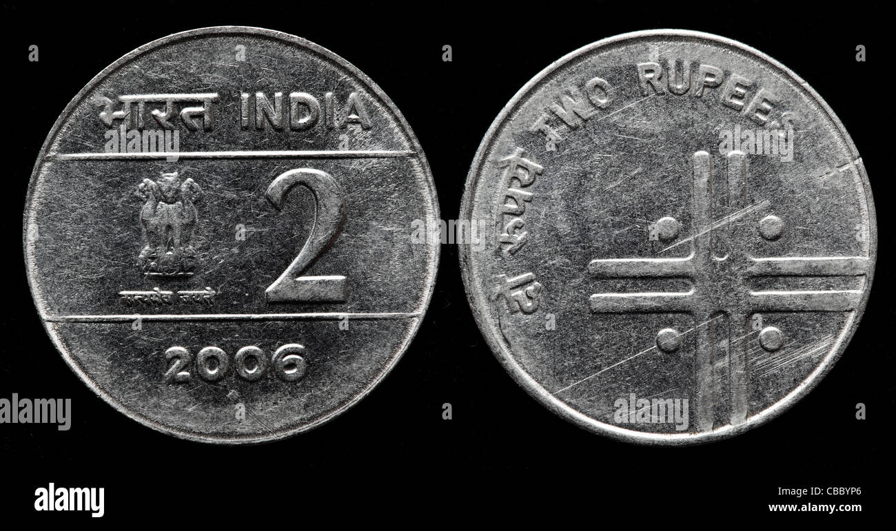 2 Rupien Münzen, Indien, 2006 Stockfoto