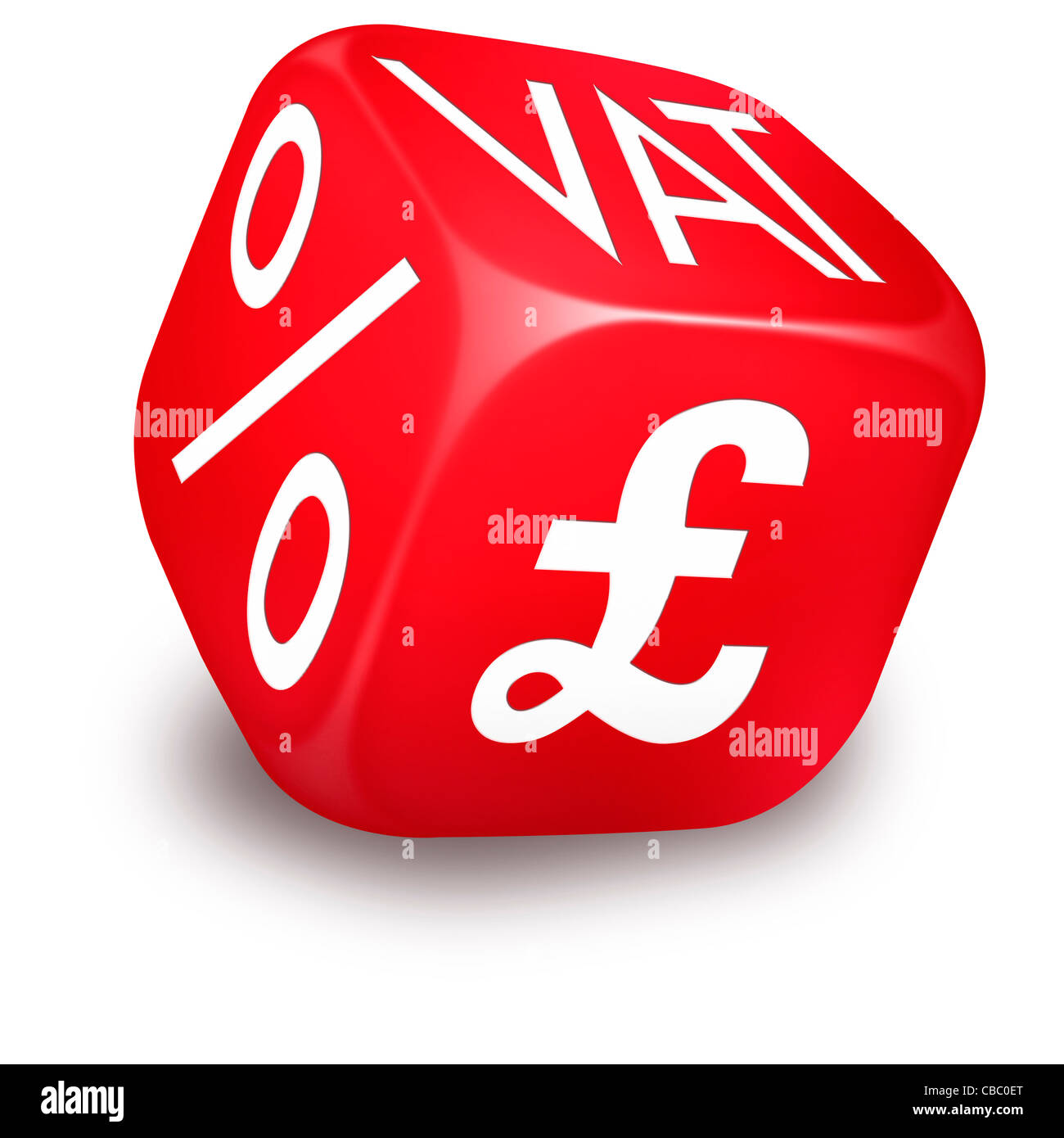 Roter Würfel mit Mwst., Prozentsatz und britische Pfund Symbole auf den Seiten gedruckt Stockfoto