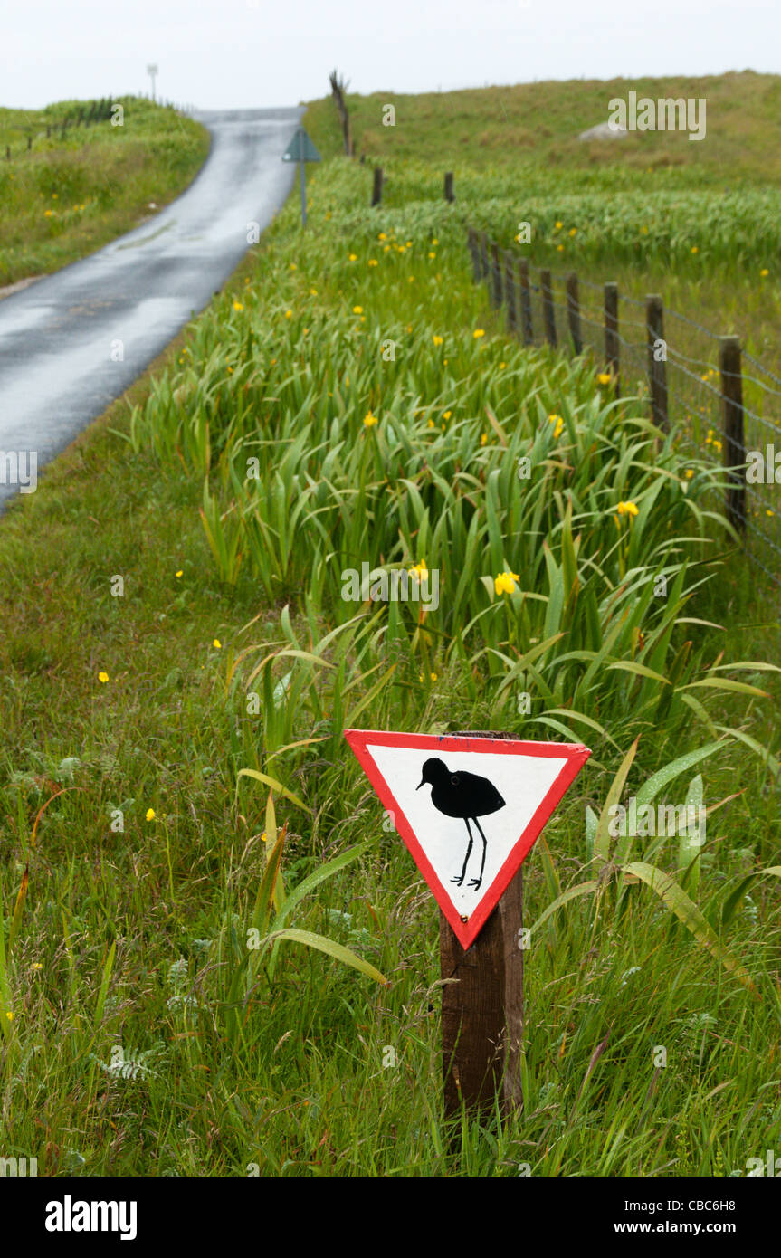 Hausgemachte Roadsign Warnung der Vögel im Balranald Naturreservat auf der Insel North Uist in den äußeren Hebriden, Schottland. Stockfoto
