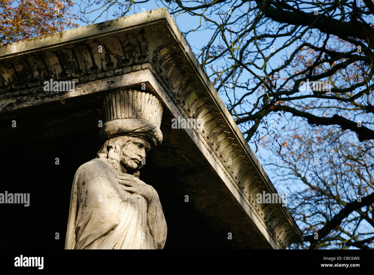 Telamon Bildhauerei an der Ecke des Grabes von Generalmajor William Casement auf dem Kensal Green Cemetery, Kensal Green, London, UK Stockfoto