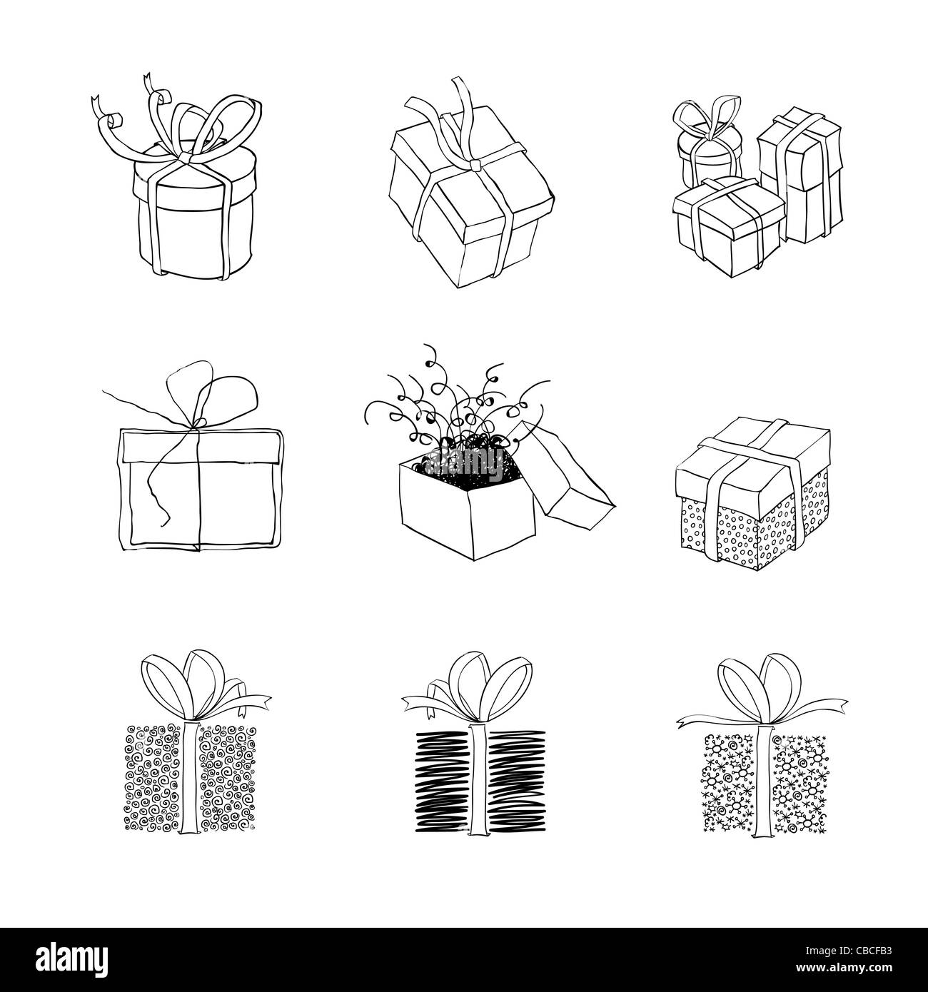 Geschenkbox für Xmas-Designs. Satz von neun Illustrationen. Stockfoto