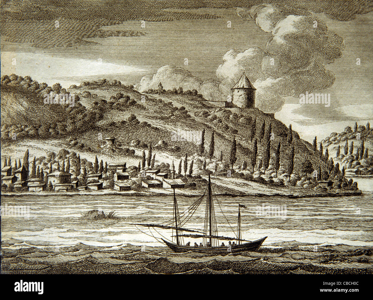 Ufer des Bosporus Meerenge-Istanbul-Türkei. Kupfer, Stich von Cornelis de Bruyn "Voyage au Levant" (1698-1704) Stockfoto