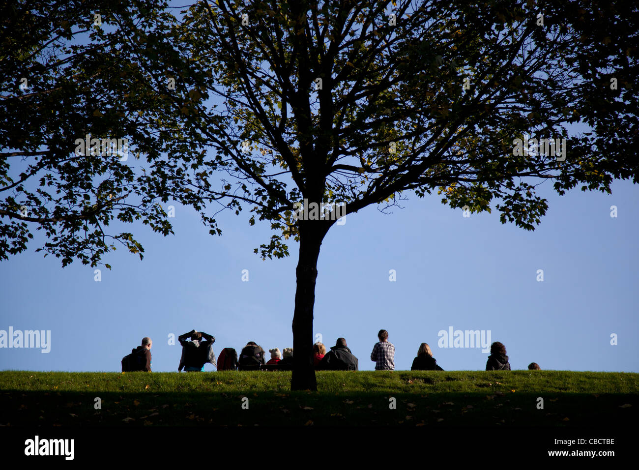 Eine Gruppe von Menschen sitzen auf einem Hügel an einem sonnigen Nachmittag. Stockfoto